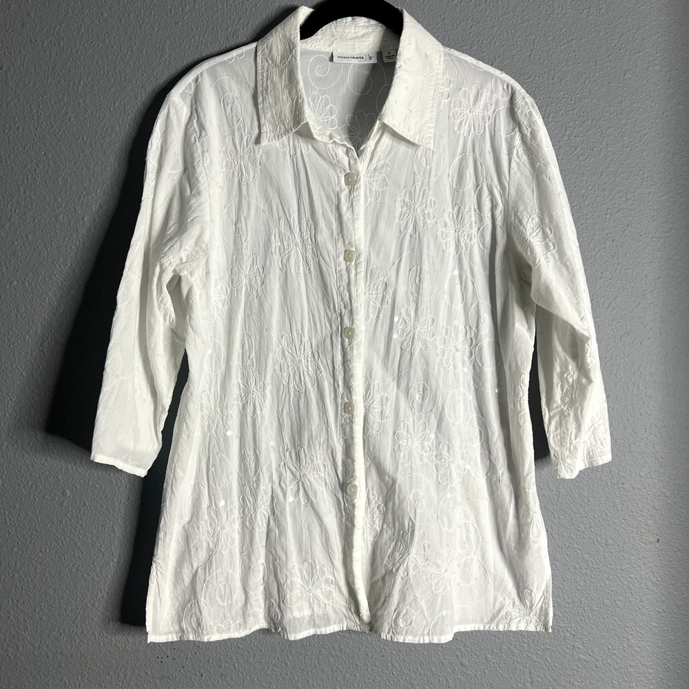 Susan Graver Womens Small White Floral Sequined Button Up‎ Blouse Career Wear